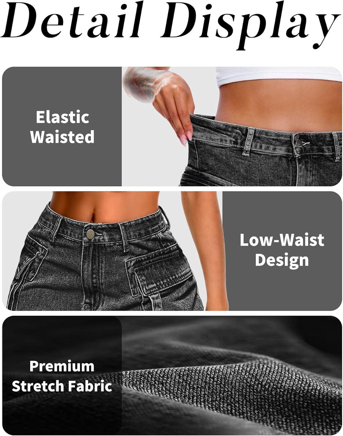 image:imageELLEVEN High Stretch Denim Cargo Skirt for Women Low Waist Y2k Mini Jean Skirt Cute Skirt with PocketsAblack Denim