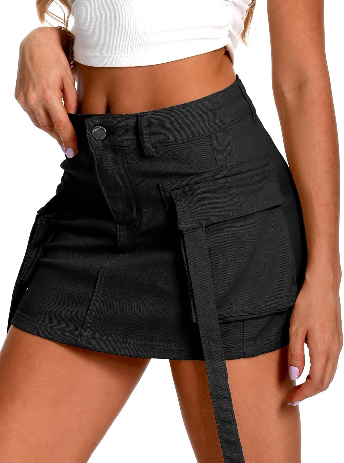 image:imageELLEVEN High Stretch Denim Cargo Skirt for Women Low Waist Y2k Mini Jean Skirt Cute Skirt with PocketsBlack