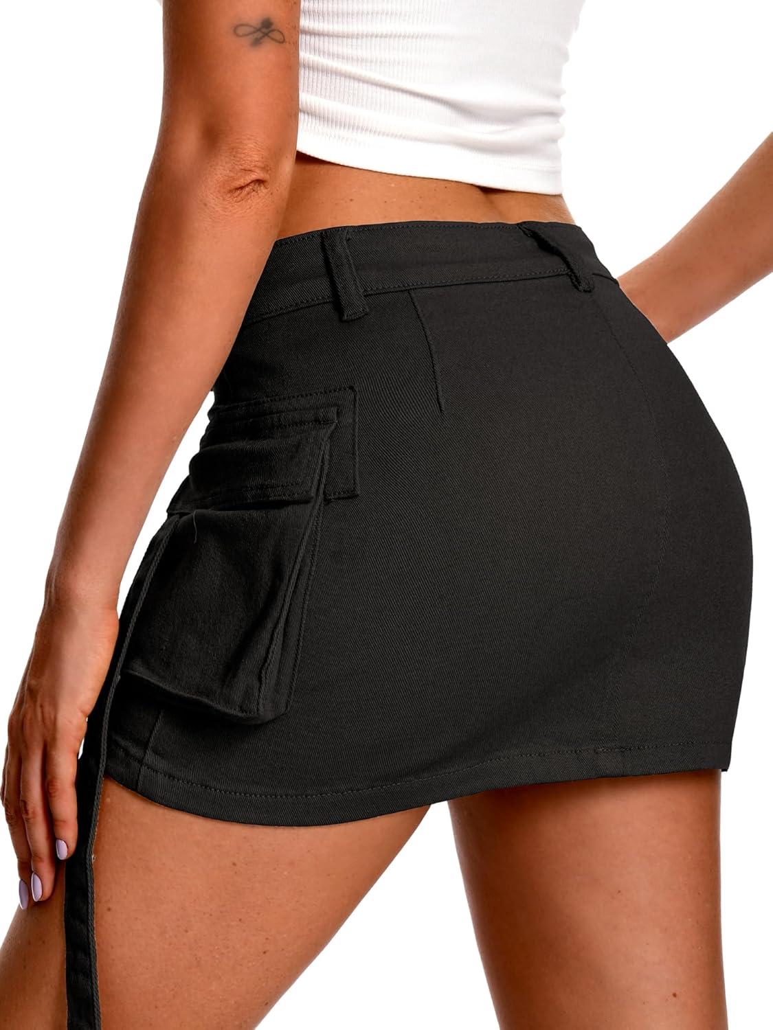image:imageELLEVEN High Stretch Denim Cargo Skirt for Women Low Waist Y2k Mini Jean Skirt Cute Skirt with PocketsBlack
