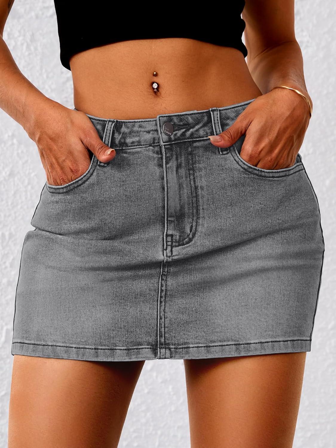 image:imageELLEVEN Stretchy Mini Jean Skirt for WomenLow Waist Denim Skirts with PocketsBlack Grey Denim