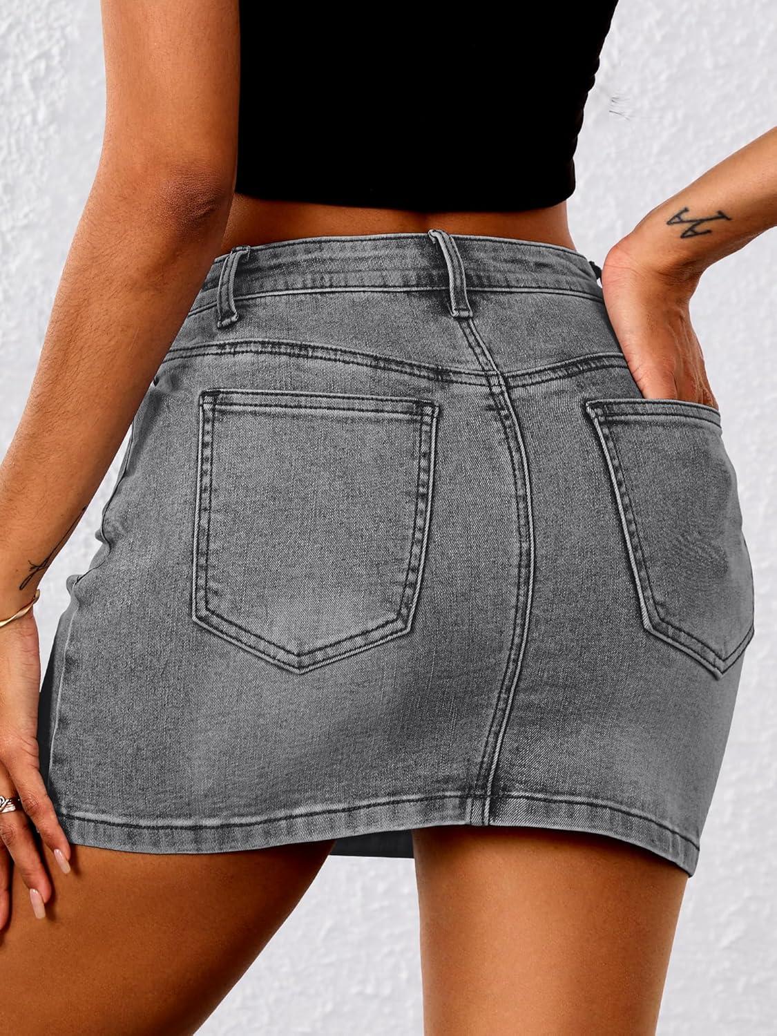image:imageELLEVEN Stretchy Mini Jean Skirt for WomenLow Waist Denim Skirts with PocketsBlack Grey Denim
