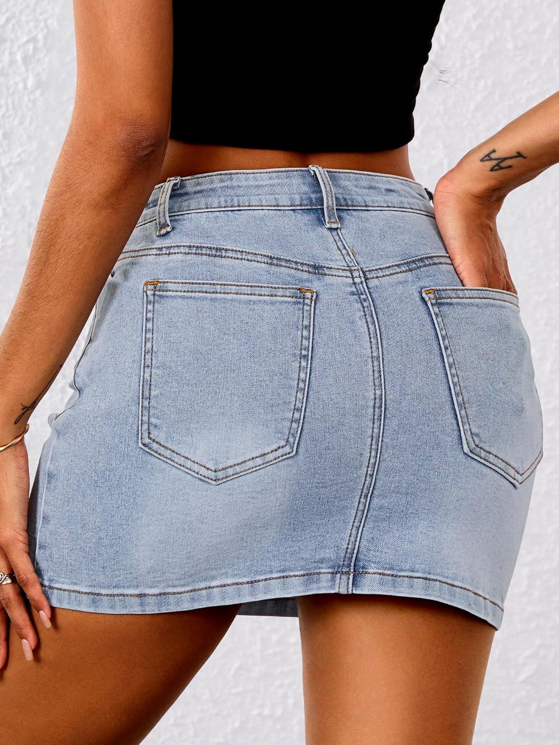 image:imageELLEVEN Stretchy Mini Jean Skirt for WomenLow Waist Denim Skirts with PocketsDenim Blue