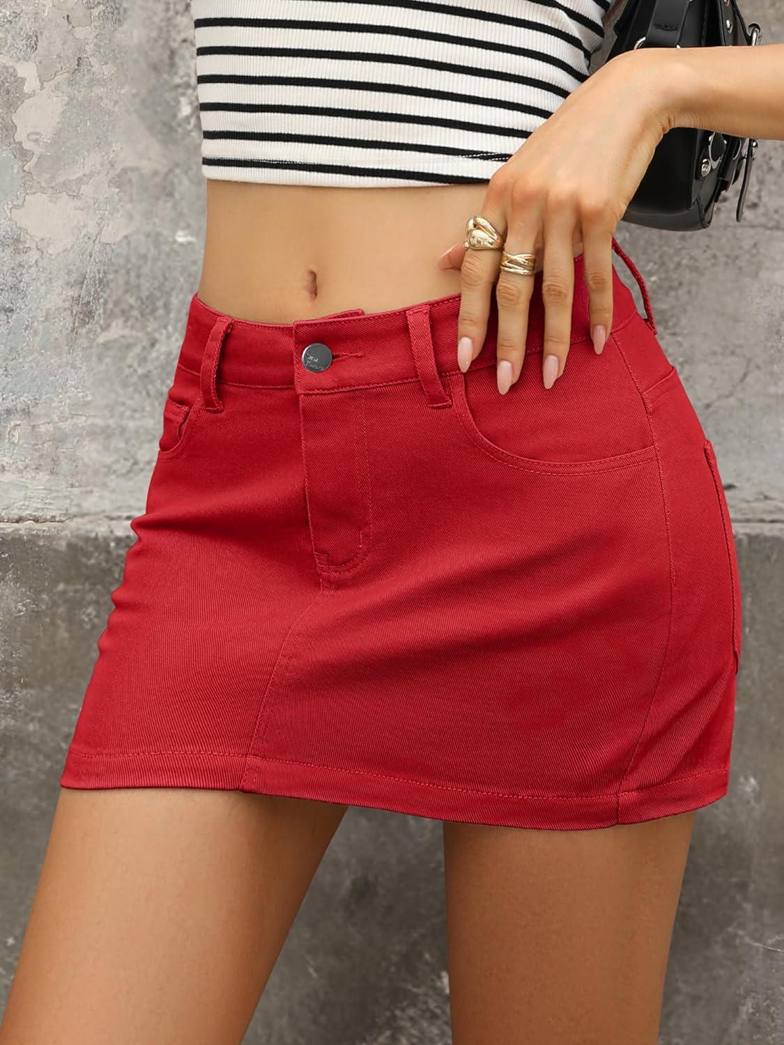 image:imageELLEVEN Stretchy Mini Jean Skirt for WomenLow Waist Denim Skirts with PocketsRed