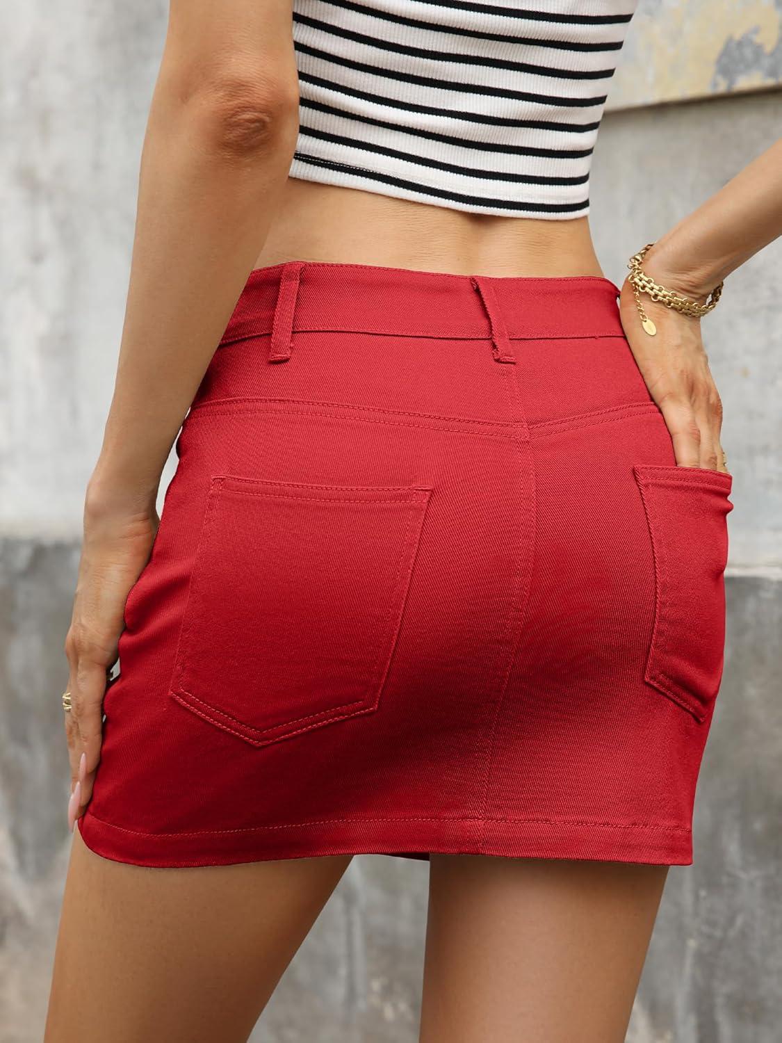 image:imageELLEVEN Stretchy Mini Jean Skirt for WomenLow Waist Denim Skirts with PocketsRed