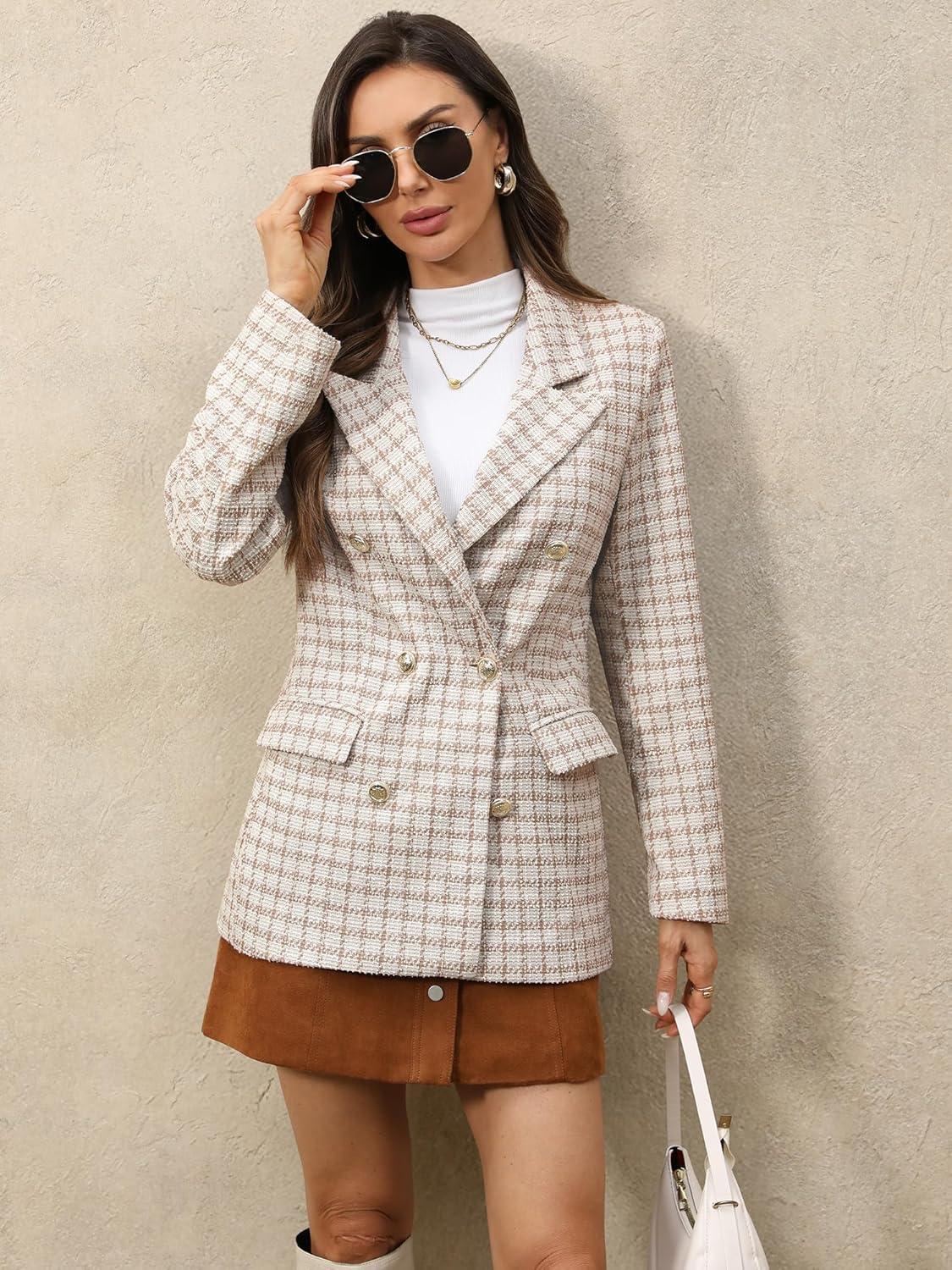 image:imageELLEVEN Womens Oversized Plaid Tweed Blazers Boyfriend Style Double Breasted Blazer Jacket Casual OutfitsBeige