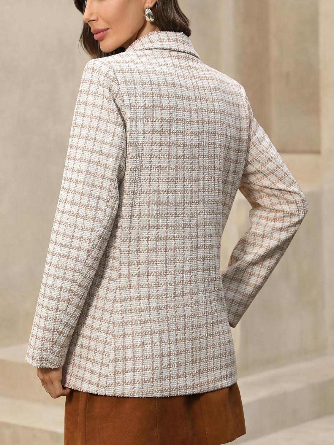 image:imageELLEVEN Womens Oversized Plaid Tweed Blazers Boyfriend Style Double Breasted Blazer Jacket Casual OutfitsBeige