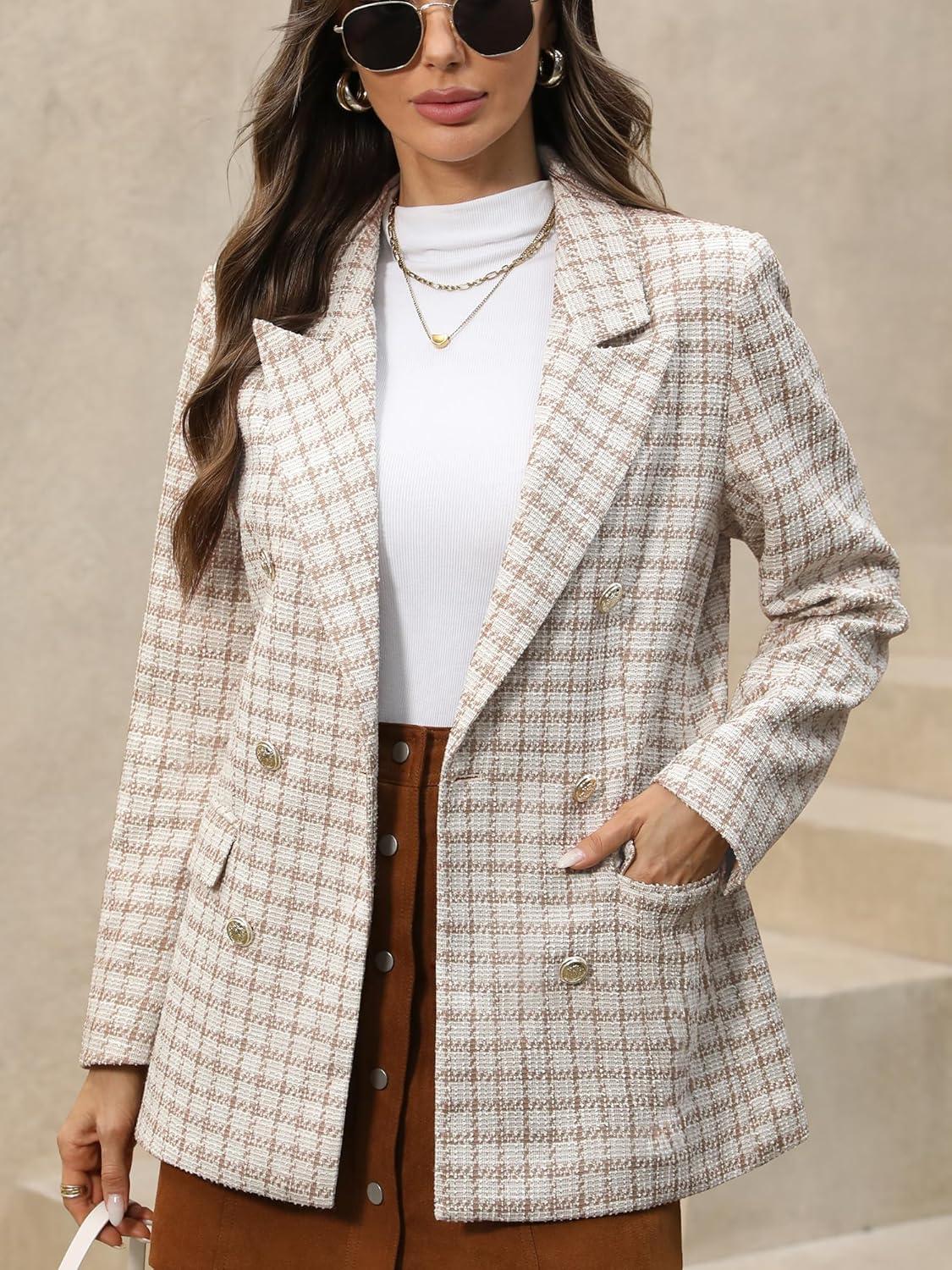 image:imageELLEVEN Womens Oversized Plaid Tweed Blazers Boyfriend Style Double Breasted Blazer Jacket Casual OutfitsBeige
