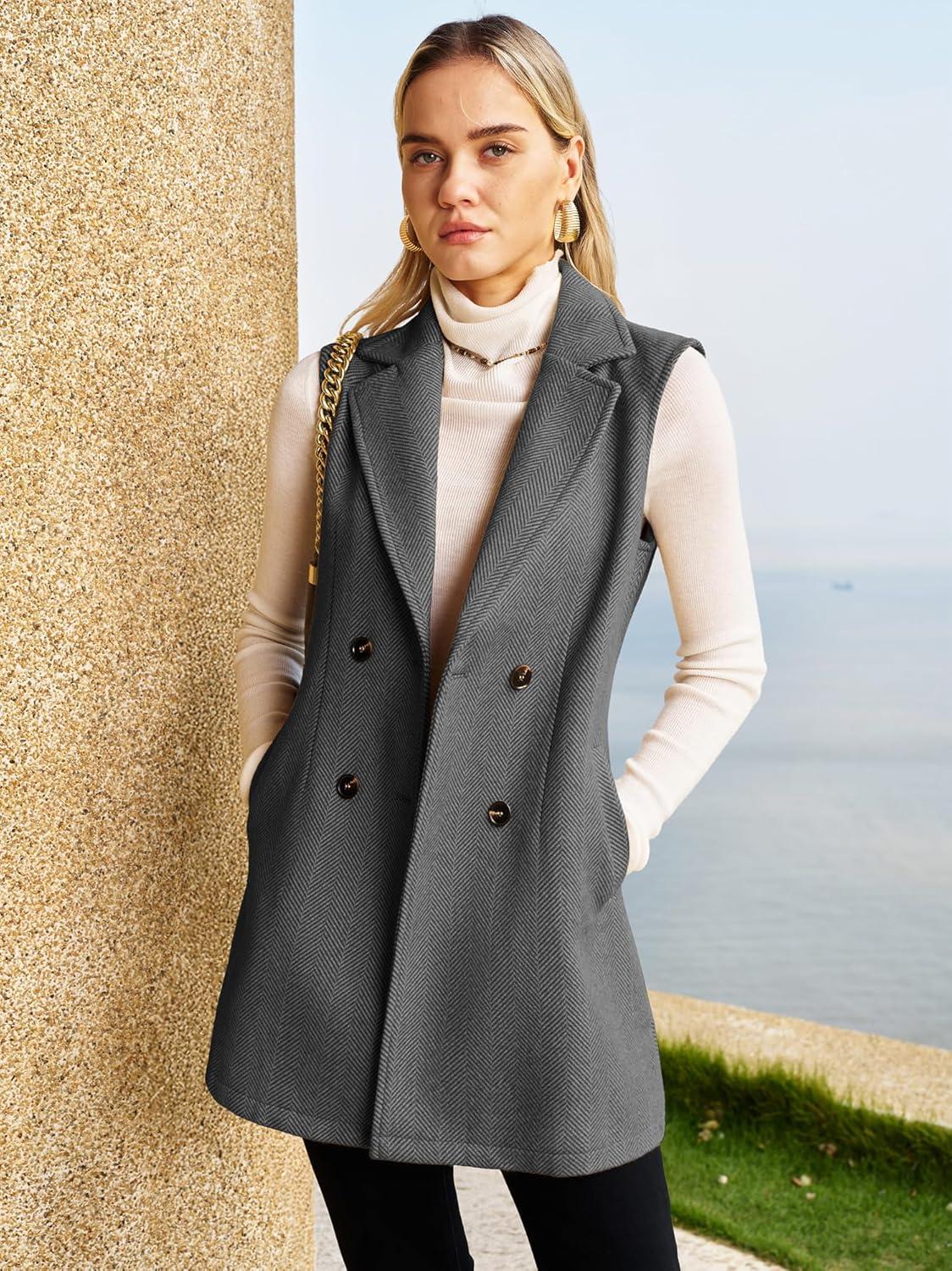 image:imageELLEVEN Womens Tweed Long Vest Sleeveless Herringbone Double Breasted Fall Winter Blazer Jackets Casual Fashion OuterwearGrey