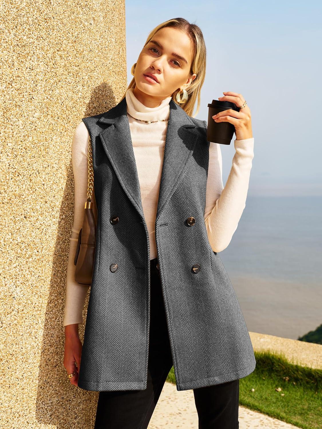 image:imageELLEVEN Womens Tweed Long Vest Sleeveless Herringbone Double Breasted Fall Winter Blazer Jackets Casual Fashion OuterwearGrey