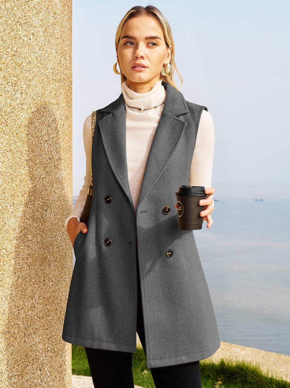 image:imageELLEVEN Womens Tweed Long Vest Sleeveless Herringbone Double Breasted Fall Winter Blazer Jackets Casual Fashion OuterwearGrey