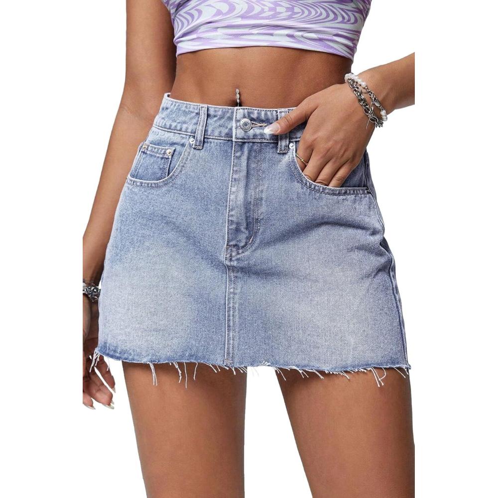 image:imageELLEVEN Denim Skirt Women Mini Low Waist Stretchy Raw Hem Jean Skirt with PocketsBlue Denim