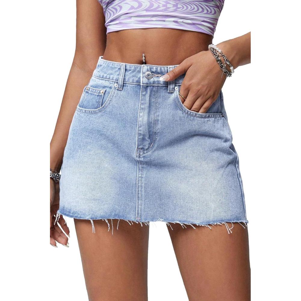 image:imageELLEVEN Denim Skirt Women Mini Low Waist Stretchy Raw Hem Jean Skirt with PocketsLight Blue Denim