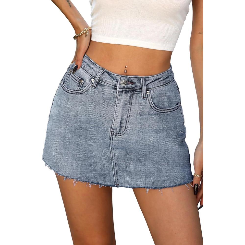 image:imageELLEVEN Denim Skirt with Shorts Mini Skort  Casual Jean Skirts with Raw Hem amp PocketsDusty Bule Denim