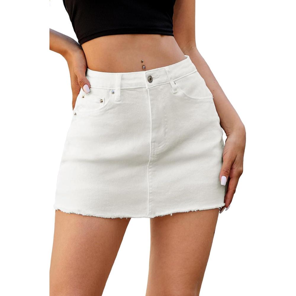 image:imageELLEVEN Denim Skirt with Shorts Mini Skort  Casual Jean Skirts with Raw Hem amp PocketsWhite Denim