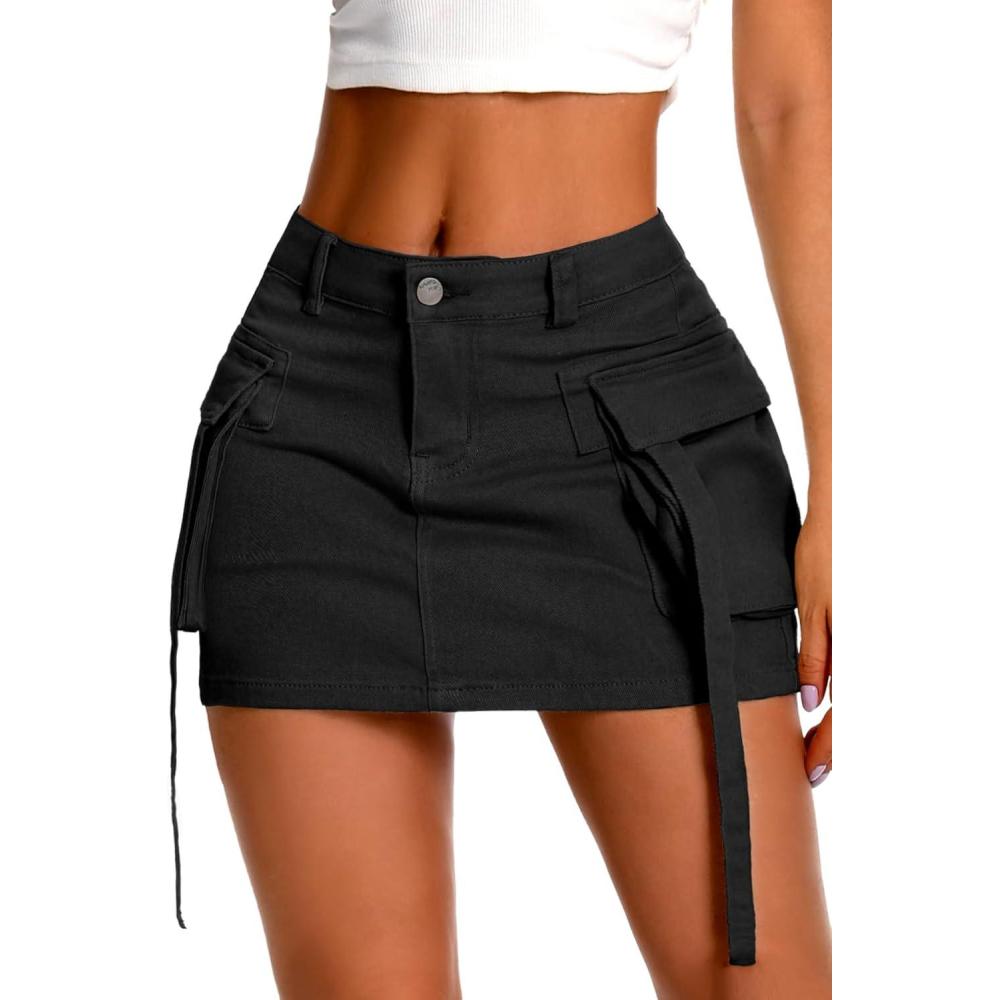 image:imageELLEVEN High Stretch Denim Cargo Skirt for Women Low Waist Y2k Mini Jean Skirt Cute Skirt with PocketsBlack