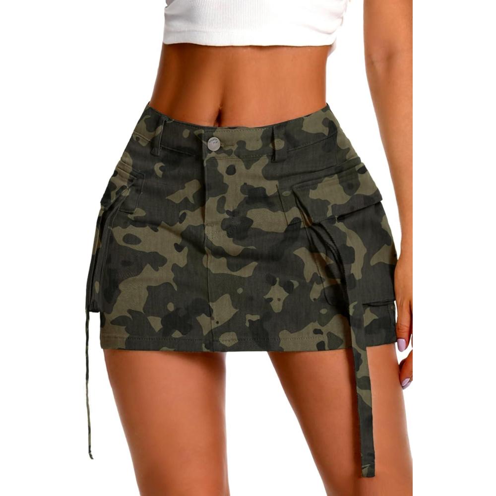 image:imageELLEVEN High Stretch Denim Cargo Skirt for Women Low Waist Y2k Mini Jean Skirt Cute Skirt with PocketsCamo