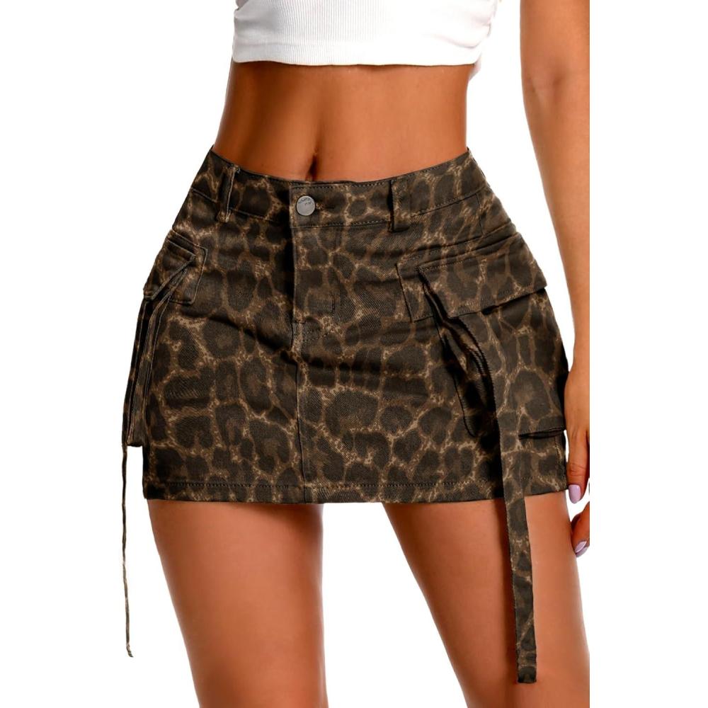 image:imageELLEVEN High Stretch Denim Cargo Skirt for Women Low Waist Y2k Mini Jean Skirt Cute Skirt with PocketsLeopard Print