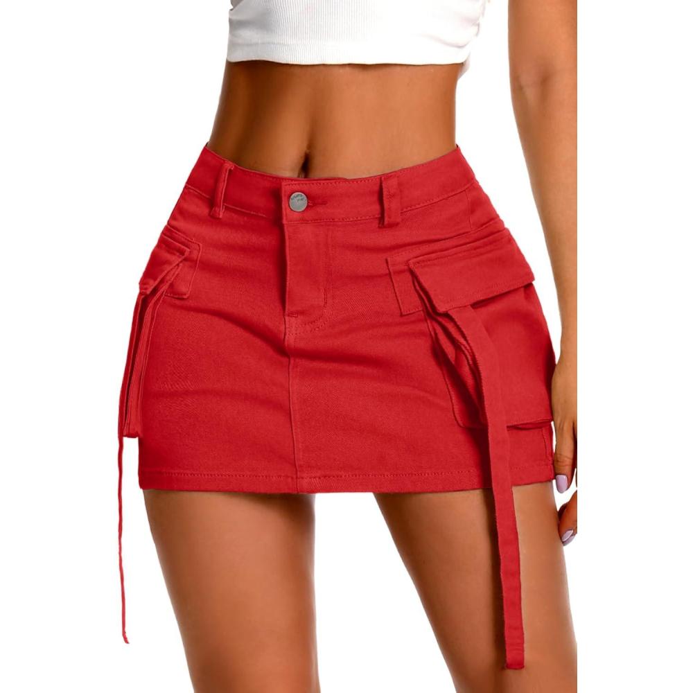 image:imageELLEVEN High Stretch Denim Cargo Skirt for Women Low Waist Y2k Mini Jean Skirt Cute Skirt with PocketsRed