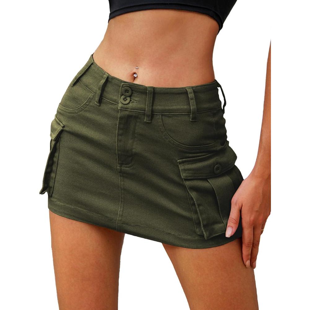 image:imageELLEVEN High Stretchy Cargo Skirt for Women Low Waist Y2k Mini Skirt Cute Denim Skirt with PocketsArmy Green