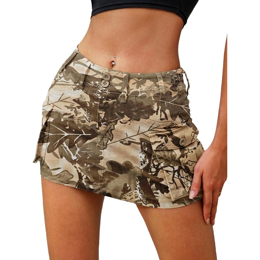 image:imageELLEVEN High Stretchy Cargo Skirt for Women Low Waist Y2k Mini Skirt Cute Denim Skirt with PocketsLeaf Camo