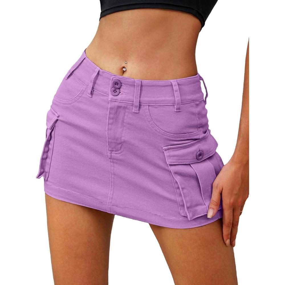 image:imageELLEVEN High Stretchy Cargo Skirt for Women Low Waist Y2k Mini Skirt Cute Denim Skirt with PocketsPurple