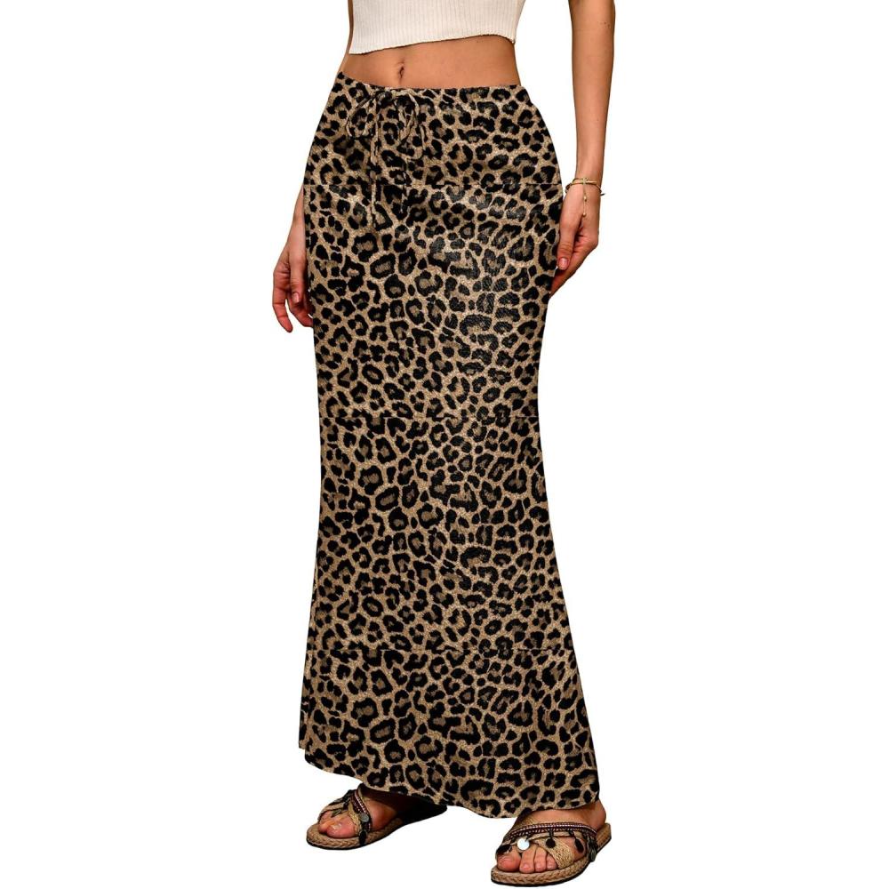 image:imageELLEVEN Linen Flared Maxi Skirt with Back Slit  Elastic Waist Drawstring Long Flowy AnkleLength SkirtLeopard Print
