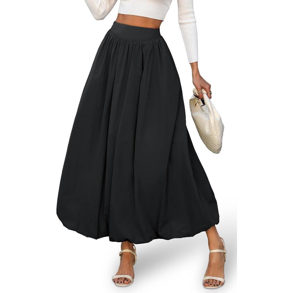 image:imageELLEVEN Womens Bubble Maxi Fall Winter Skirt Elastic Waist Puffy Hem ALine Skirt with PocketsBlack