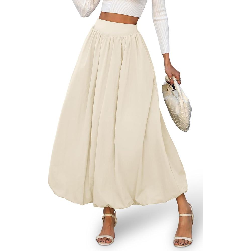 image:imageELLEVEN Womens Bubble Maxi Fall Winter Skirt Elastic Waist Puffy Hem ALine Skirt with PocketsCream Apricot