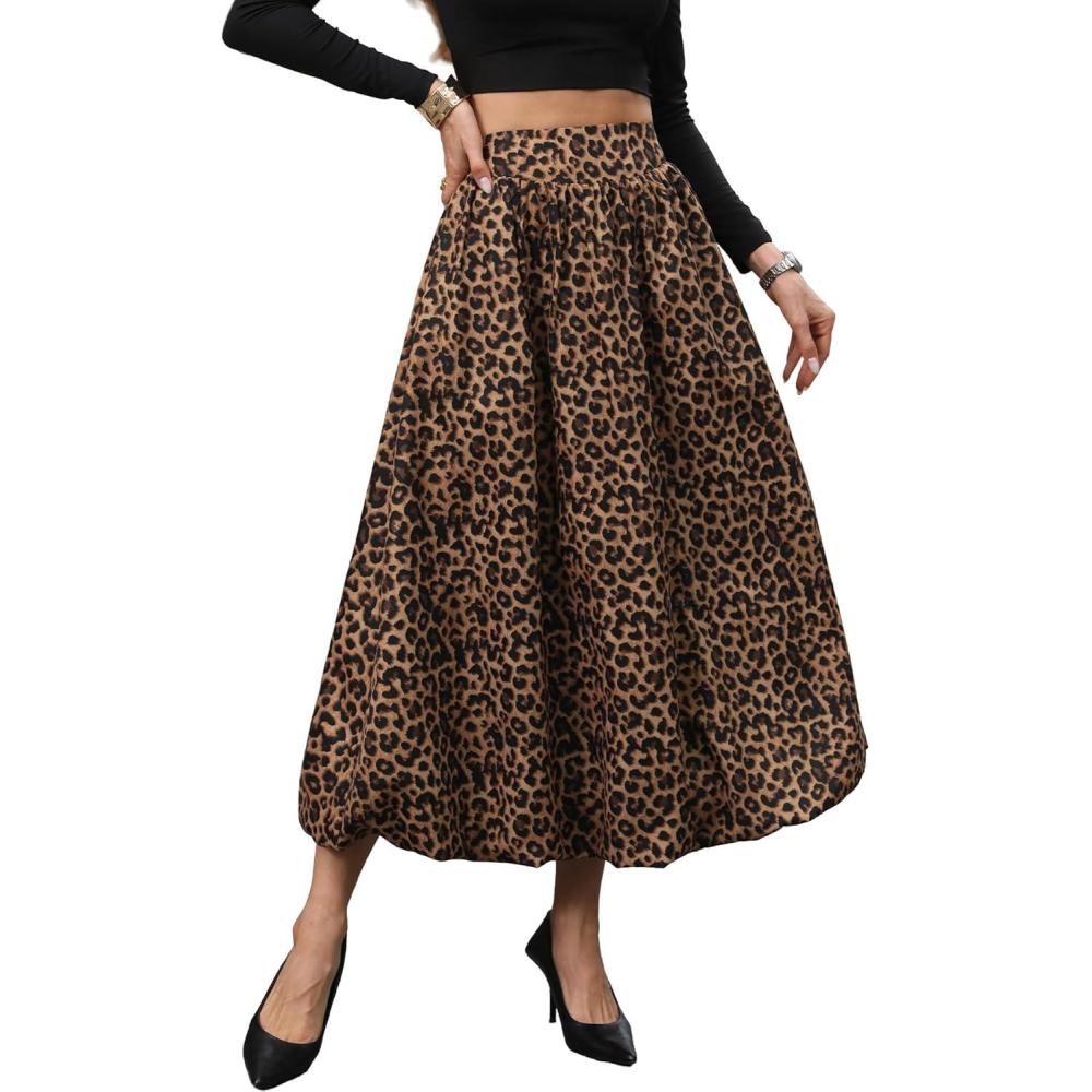 image:imageELLEVEN Womens Bubble Maxi Fall Winter Skirt Elastic Waist Puffy Hem ALine Skirt with PocketsLeopard Print