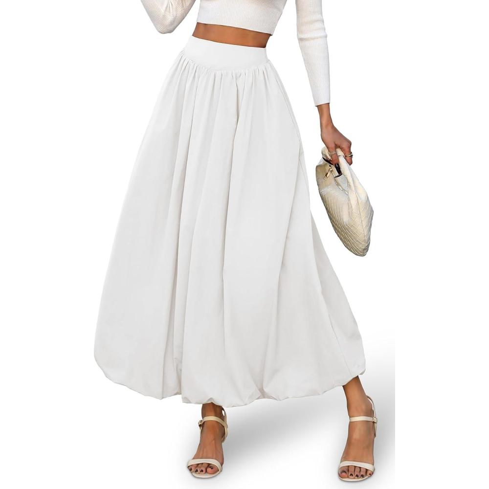 image:imageELLEVEN Womens Bubble Maxi Fall Winter Skirt Elastic Waist Puffy Hem ALine Skirt with PocketsWhite