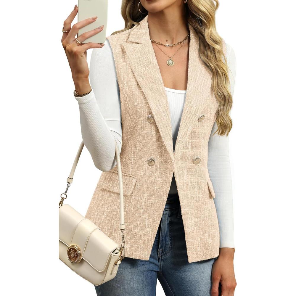 image:imageELLEVEN Womens Tweed Long Vest Sleeveless DoubleBreasted Blazer Trendy Tops Coat with PocketsKhaki