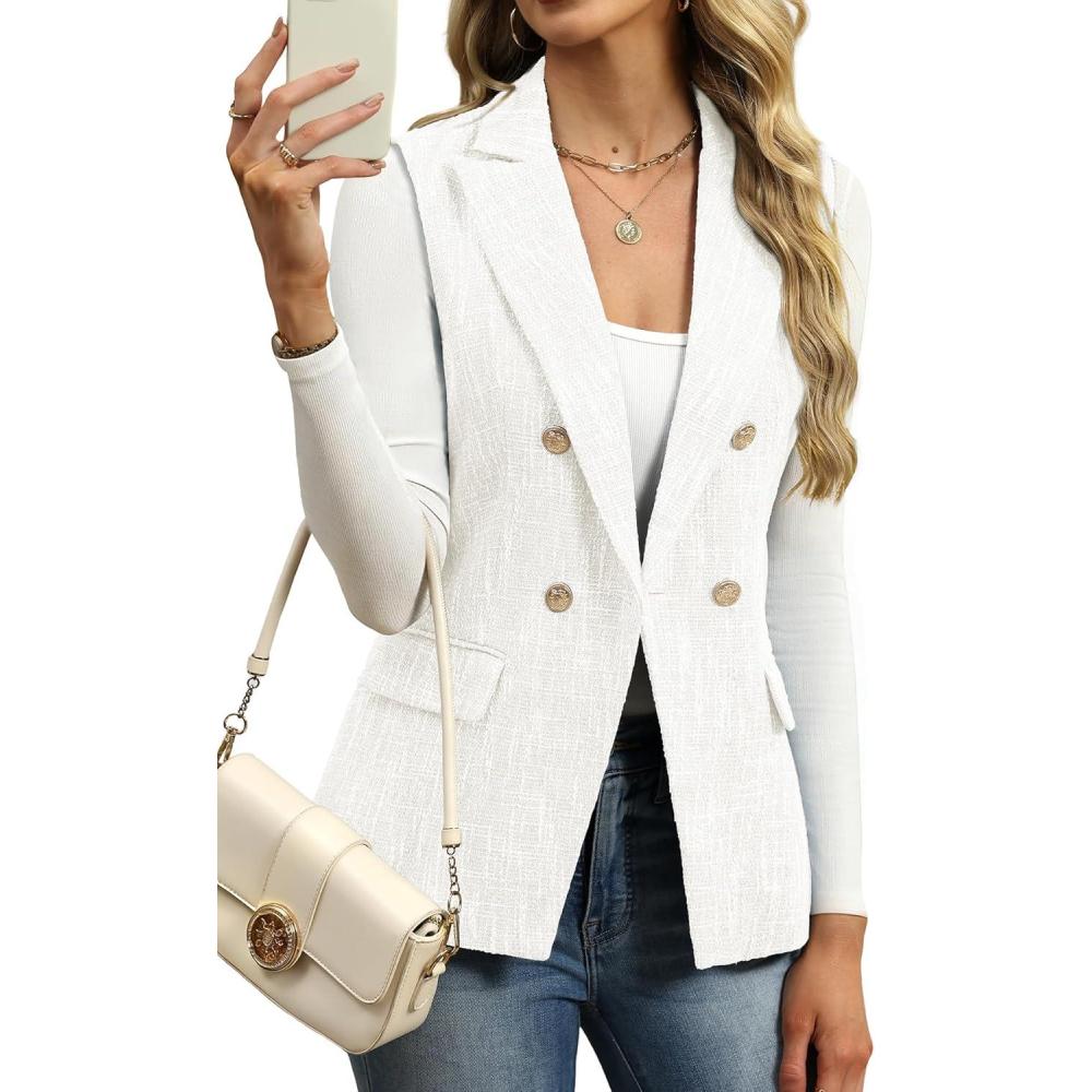 image:imageELLEVEN Womens Tweed Long Vest Sleeveless DoubleBreasted Blazer Trendy Tops Coat with PocketsWhite