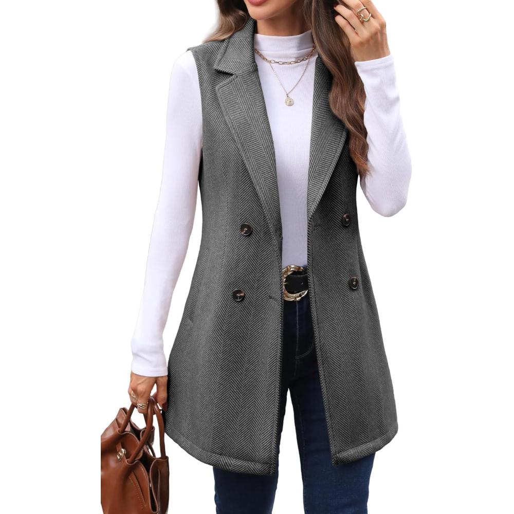 image:imageELLEVEN Womens Tweed Long Vest Sleeveless Herringbone Double Breasted Fall Winter Blazer Jackets Casual Fashion OuterwearGrey