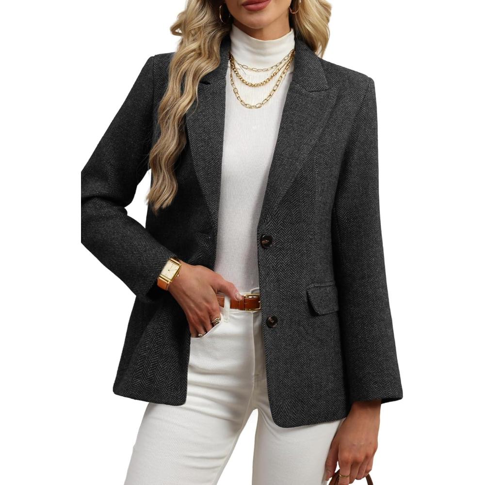 image:imageELLEVEN Womens Wool Blend Tweed Warm Blazers Herringbone Business Casual Fall Winter Oversize Suit JacketBlack