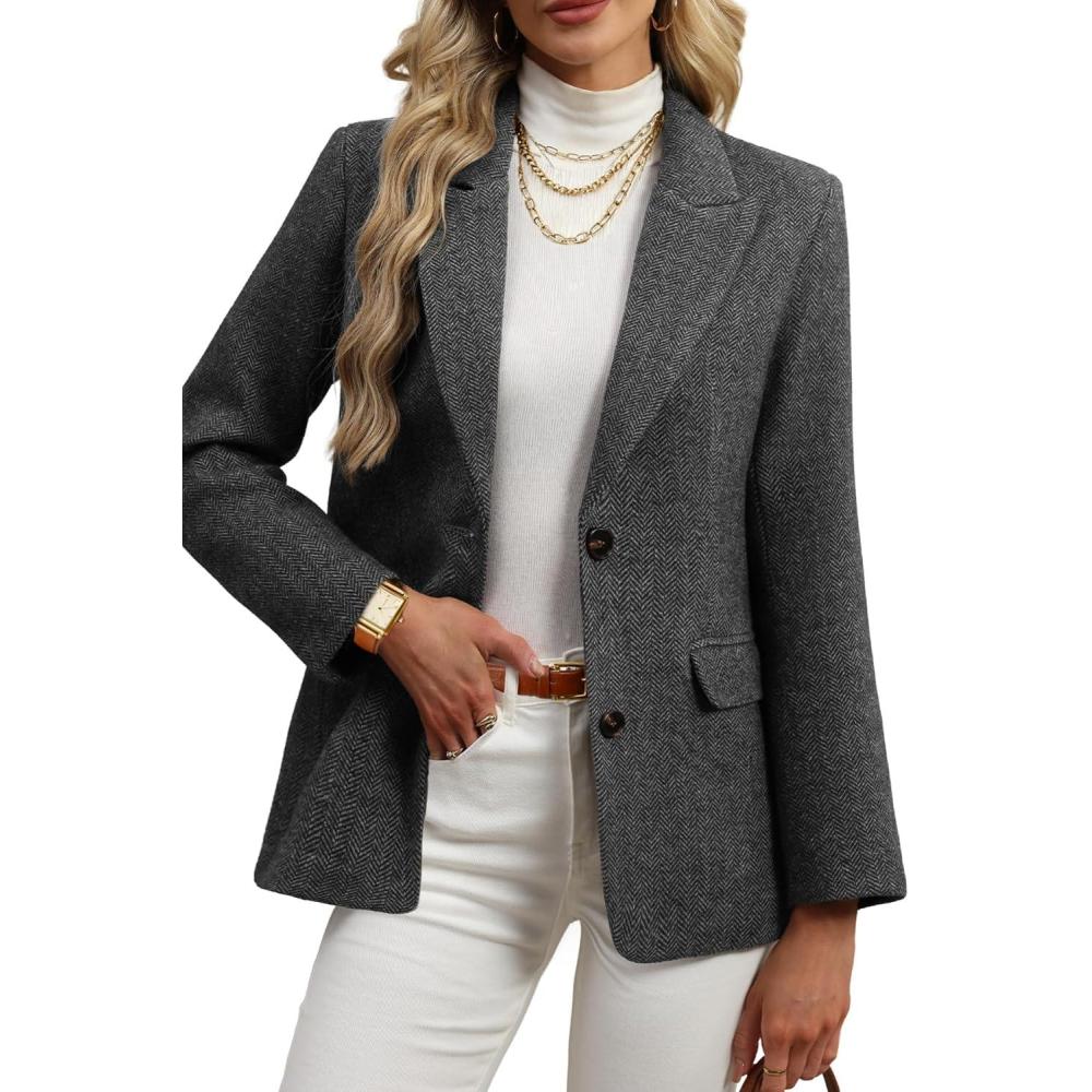 image:imageELLEVEN Womens Wool Blend Tweed Warm Blazers Herringbone Business Casual Fall Winter Oversize Suit JacketGrey
