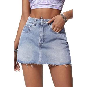 ELLEVEN Denim Skirt Women Mini Low Waist Stretchy Raw Hem Jean Skirt with Pockets(Blue Denim)