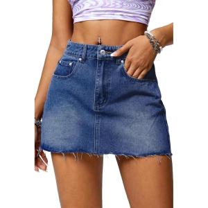 ELLEVEN Denim Skirt Women Mini Low Waist Stretchy Raw Hem Jean Skirt with Pockets(Dark Blue Denim)