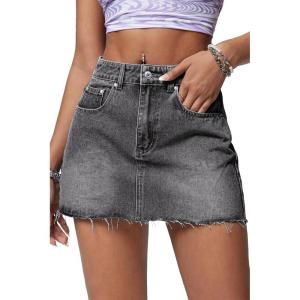ELLEVEN Denim Skirt Women Mini Low Waist Stretchy Raw Hem Jean Skirt with Pockets(Grey Black Denim)