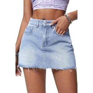 ELLEVEN Denim Skirt Women Mini Low Waist Stretchy Raw Hem Jean Skirt with Pockets(Light Blue Denim)