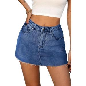 ELLEVEN Denim Skirt with Shorts Mini Skort – Casual Jean Skirts with Raw Hem & Pockets(Dark Blue Denim)