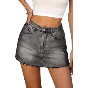 ELLEVEN Denim Skirt with Shorts Mini Skort – Casual Jean Skirts with Raw Hem & Pockets(Grey Black Denim)