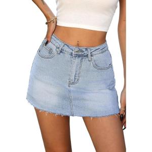 ELLEVEN Denim Skirt with Shorts Mini Skort – Casual Jean Skirts with Raw Hem & Pockets(Light Blue Denim)