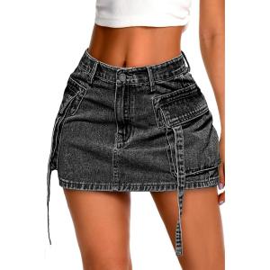 ELLEVEN High Stretch Denim Cargo Skirt for Women, Low Waist Y2k Mini Jean Skirt Cute Skirt with Pockets(A-black Denim)