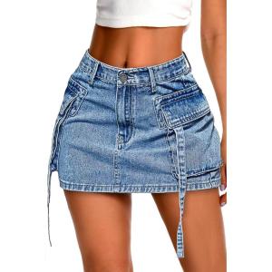 ELLEVEN High Stretch Denim Cargo Skirt for Women, Low Waist Y2k Mini Jean Skirt Cute Skirt with Pockets(A-blue Denim)