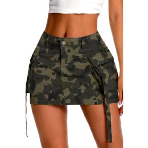 ELLEVEN High Stretch Denim Cargo Skirt for Women, Low Waist Y2k Mini Jean Skirt Cute Skirt with Pockets(Camo)