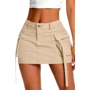 ELLEVEN High Stretch Denim Cargo Skirt for Women, Low Waist Y2k Mini Jean Skirt Cute Skirt with Pockets(Khaki)