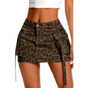 ELLEVEN High Stretch Denim Cargo Skirt for Women, Low Waist Y2k Mini Jean Skirt Cute Skirt with Pockets(Leopard Print)