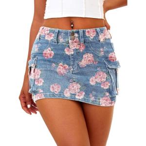 ELLEVEN High Stretchy Cargo Skirt for Women, Low Waist Y2k Mini Skirt Cute Denim Skirt with Pockets(A-floral Print Denim)