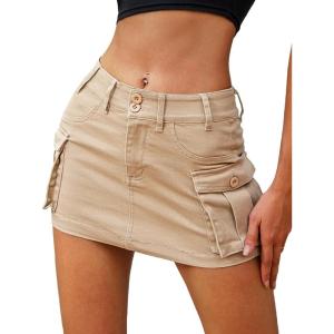 ELLEVEN High Stretchy Cargo Skirt for Women, Low Waist Y2k Mini Skirt Cute Denim Skirt with Pockets(Khaki)