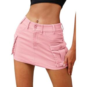 ELLEVEN High Stretchy Cargo Skirt for Women, Low Waist Y2k Mini Skirt Cute Denim Skirt with Pockets(Light Pink)